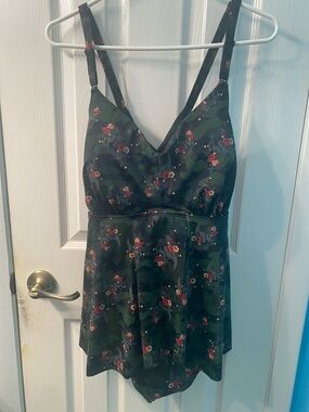 torrid Green Skull Camo babydoll swimsuit with Red Rose Print